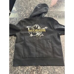 True Religion Zip Hoodie Gold Splatter Buddha Foil Women's Size M Black